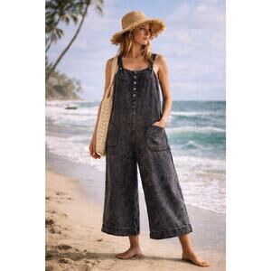 Mystree Washed Black Wide-Leg Textured Knit Cropped Overalls Jumpsuit Sz L BOHO